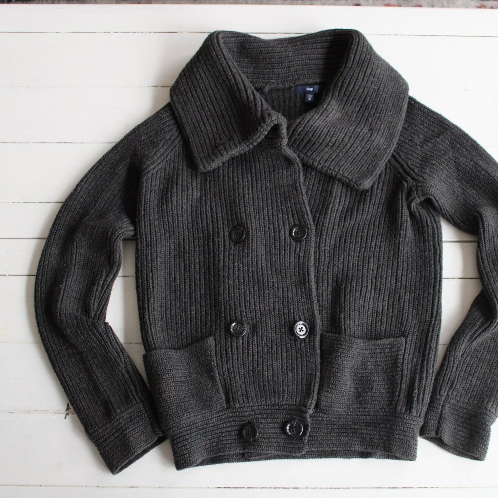 GAP Grey Knit Button Up Cardigan With Foldover Collar